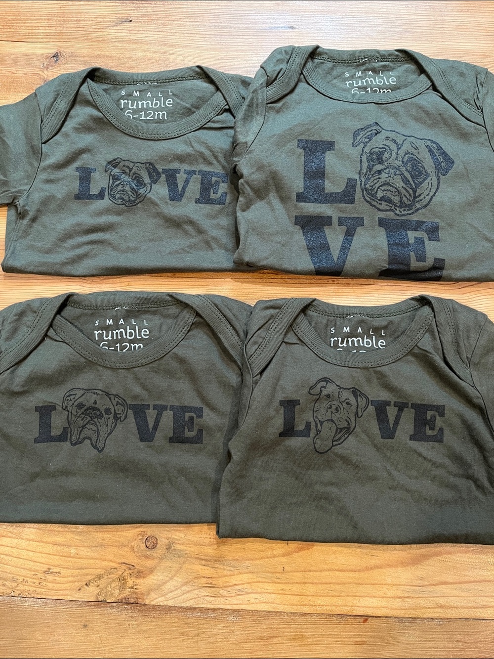 Set/4 SMALL RUMBLE 6-12M Olive Green Organic Puppy Dog Love Bodysuits